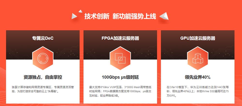 华为云王牌新品C3云服务器，CPU计算能力，领先业界15%，最大存储I/O能力达350万IOPS，最大网络宽带50Gbps，超高性能包转发能力1500万pps，最大内存带宽128GiB/s，各项技术创新，新功能强势上线！